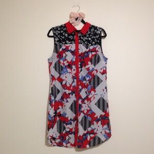 Peter Pilotto Red Black Blue and Gray Floral Printed Sleeveless Shirt Dress